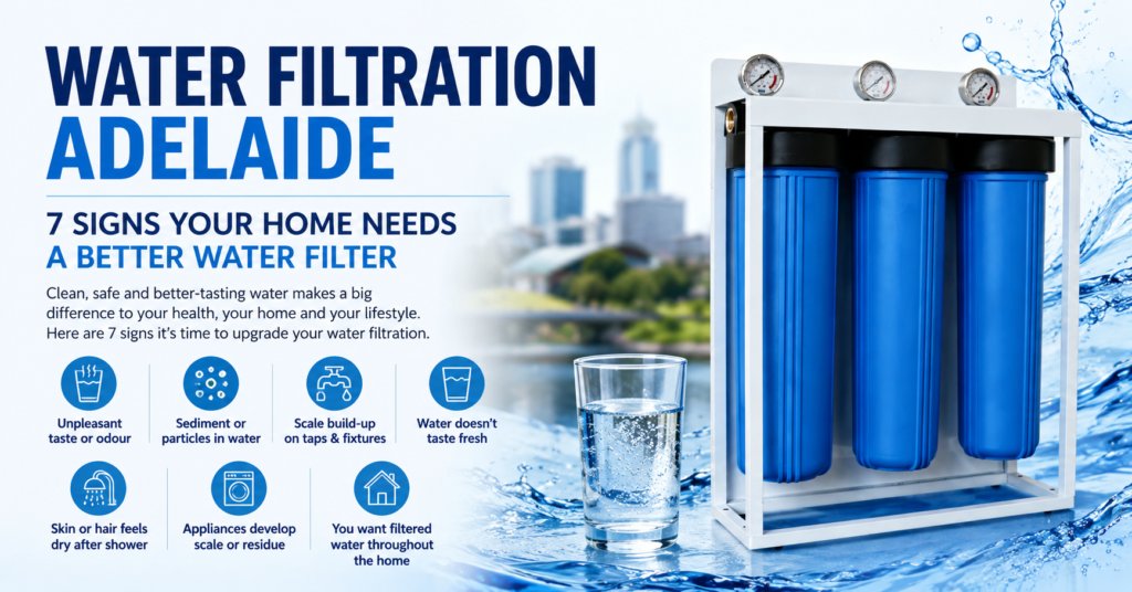 Water filtration Adelaide system showing a three-stage home water filter and cleaner water solution for households.