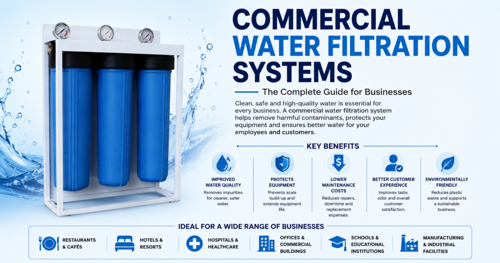 Commercial water filtration system with multi-stage blue filter housings for clean and safe business water | AquaPure Solutions Australia