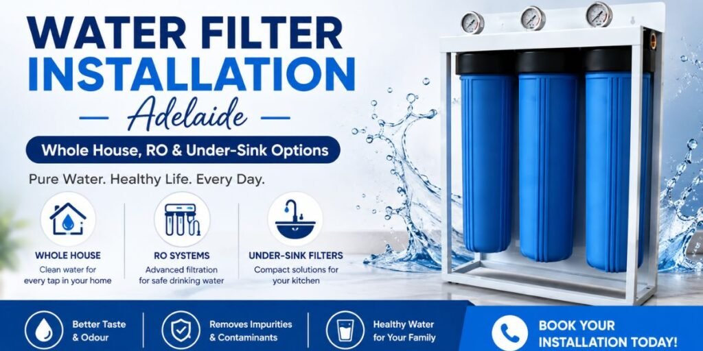 Water filter installation Adelaide poster featuring a whole-house water filtration system, RO systems, and under-sink water filters for clean and healthy drinking water.
