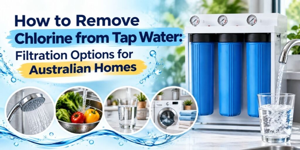 Chlorine removal water filter with a three-stage whole-house filtration system for Australian homes.